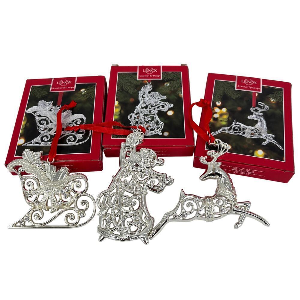Lenox Lot 3 Sparkle Scroll Christmas Ornaments Santa Sleigh Reindeer Silver Tone